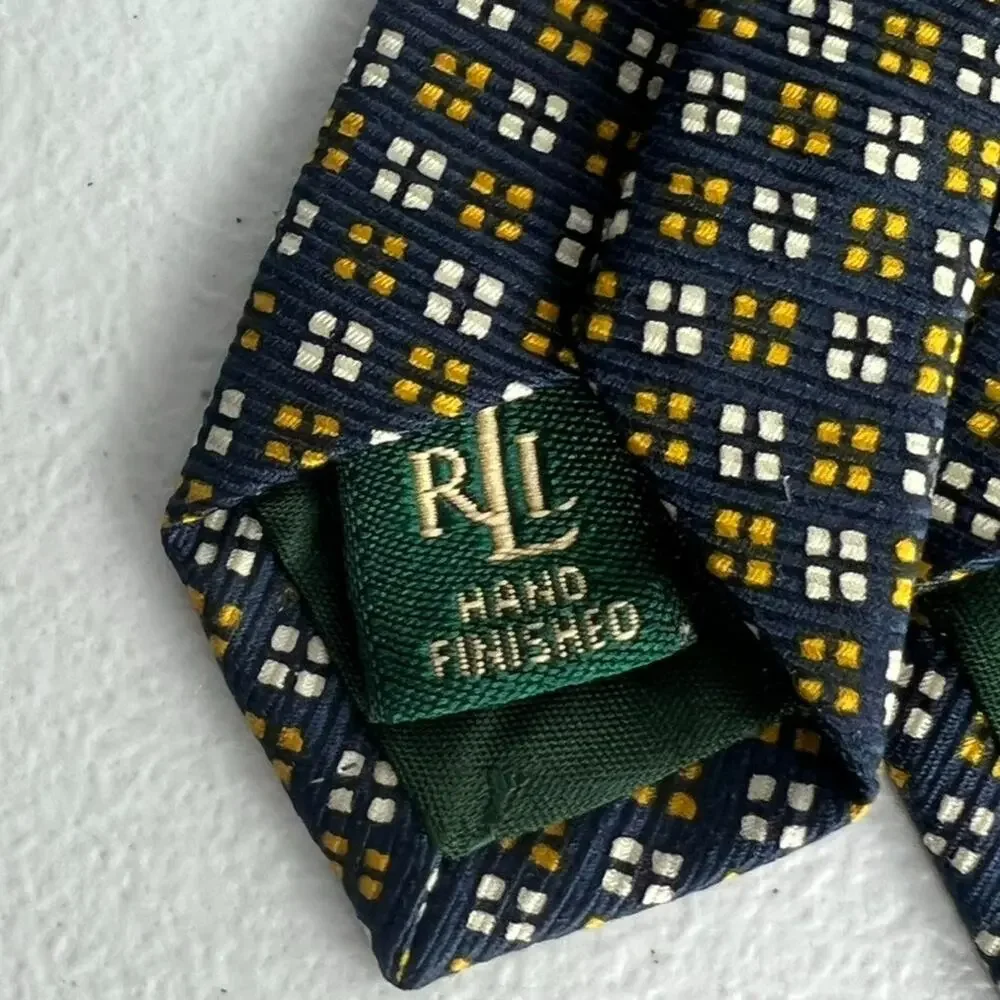 Lauren Ralph Lauren Men's Necktie Blue Yellow Geometric 100% Silk Hand Finished